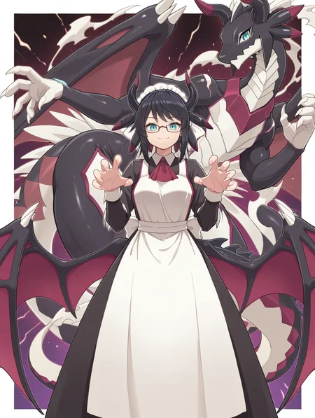 dragon girl, house dragonmaid, 1girl, black under-rim eyewear, smile, looking at viewer, claws, red ascot, black maid dress, low dragon wings, dragon hands, white mob cap, transformation, dragonmaid sheou, 1other, black dragon, white border,
masterpiece,best quality,amazing quality,very aesthetic,absurdres,newest,<lora:House dragonmaid illuXL v1:0.75>,