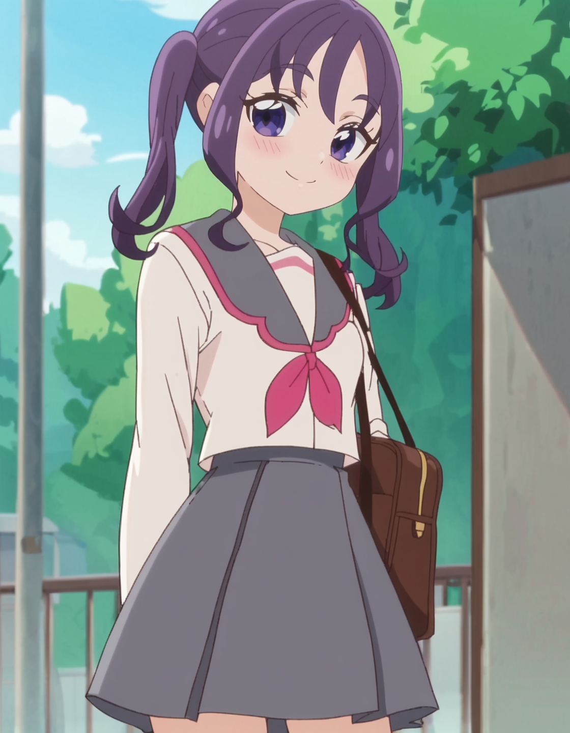 score_9, score_8_up, score_7_up, anime screencap, solo,1girl, school uniform, smile, skirt, serafuku, looking at viewer,cowboy shot, grey skirt,small breasts,blush<lora:shigurekokoro_pony:0.8>