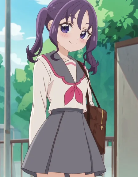 score_9, score_8_up, score_7_up, anime screencap, solo,1girl, school uniform, smile, skirt, serafuku, looking at viewer,cowboy shot, grey skirt,small breasts,blush<lora:shigurekokoro_pony:0.8>