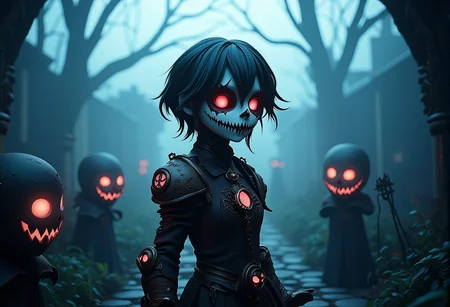 bv-twiwonsty. A full-body side view captures a haunting witch standing tall in a foggy graveyard. They are surrounded by sinister creatures lurking in the shadows, their dark attire bone-laced armor glistening in the fog, as they hold dominion over the otherworldly scene, presented from a side view. , <lora:bv-twisted-wonderland-style-v1.safetensors:1.0:1.0>