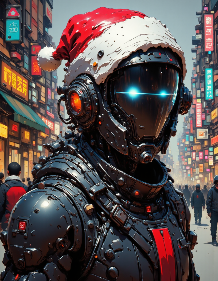 nistyle,  concept art Girl in black oily latex, black helmet, covered face, pixel eye, dynamics, digital artwork, illustrative, painterly, matte painting, highly detailed,  mechanical , Christmas Theme , christmas mood,magical christmas, a highly detailed, digital illustration in a whimsical, festive style, max details, in a Christmas street, Christmas tree, santa_hat ,
<lora:flux.1_lora_flyway_Epic-detail_v2:0.5>
<lora:CPA:0.7>
<lora:test2:0.7> ,  <lora:Christmas_Dreams:0.9>, <lora:flux.1_lora_ink-dynamic:0.5> , <lora:aidmaImageUpraderv0.3:0.5>