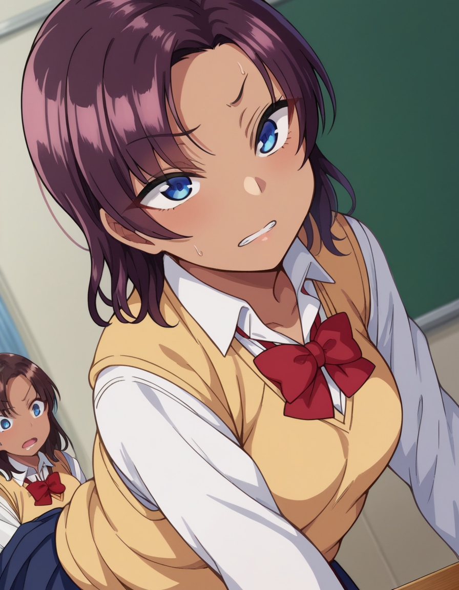 score_9, score_8_up, score_7_up, source_anime,
saehinata, <lora:sae-hinata-ponyxl-lora-nochekaiser:1>
sae hinata, blue eyes, purple hair, dark skin, dark-skinned female,
shirt, bow, school uniform, white shirt, collared shirt, bowtie, red bow, sweater vest, brown sweater, skirt, blue skirt,
indoors, classroom, bent over,
looking at viewer, dutch angle, cowboy shot,