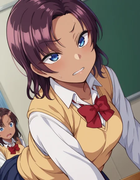 score_9, score_8_up, score_7_up, source_anime,
saehinata, <lora:sae-hinata-ponyxl-lora-nochekaiser:1>
sae hinata, blue eyes, purple hair, dark skin, dark-skinned female,
shirt, bow, school uniform, white shirt, collared shirt, bowtie, red bow, sweater vest, brown sweater, skirt, blue skirt,
indoors, classroom, bent over,
looking at viewer, dutch angle, cowboy shot,