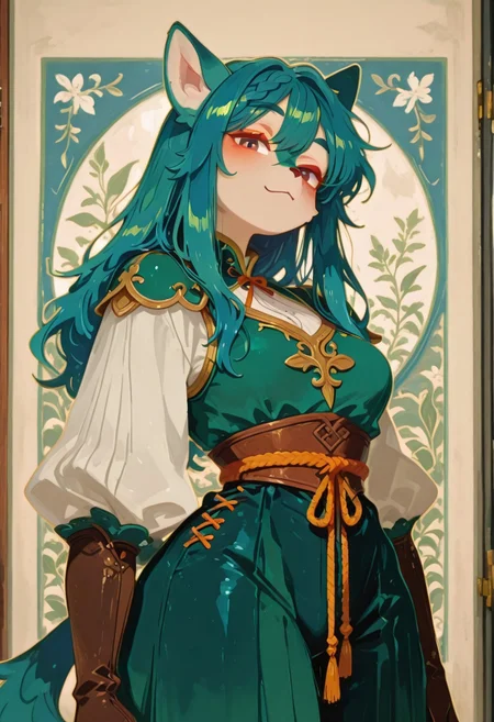 fluffy fur, furry,
;3, long hair, sidelocks, braided bangs,
faun woman, detailed face,
clothes,
standing, looking at viewer,
dynamic composition,
painted_background,
748cmstyle, Bl3th3bn3_Styl3_SKNSFW,, artist:moriimee, Kenorland, kenorland, flat color, no lineart,