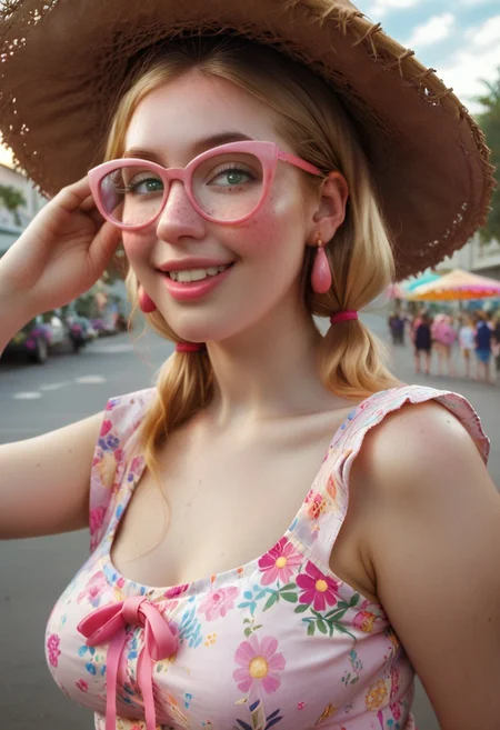 score_9, score_8_up, score_7_up, BREAK, IBG, colorful urban park, blooming flowers, bright sunlight, pastel balloons, quaint gazebo, BREAK, rating_explicit, NSTLG, c4t3y3 glasses, glasses, 1girl, 20 year old cheerful woman, social media influencer, partially illuminated, unique pose, unique angle, large breasts, ash blonde hair in pigtails, lively green eyes, fair skin, curvy and pudgy build, freckles across her nose, heart-shaped face, chubby cheeks, full lips, pink tinted lips, teeth, playful smile, laugh lines, floral sundress, straw hat with ribbon, quirky earrings, oiled, shiny body, photorealistic