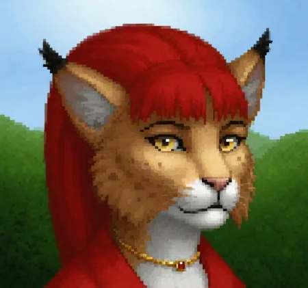 retro game art Original HoMM2 style portrait of a cute Khajiit witch. She has long hair with bangs, yellow eyes, spotted fur with long tassels on her face, lots of jewelry, and wears a red robe. A lush forest under a clear blue sky is in the background . 16-bit, vibrant colors, pixelated, nostalgic, charming, fun, Original HoMM2 style portrait of a cute Khajiit witch. She has long hair with bangs, yellow eyes, spotted fur with long tassels on her face, lots of jewelry, and wears a red robe. A lush forest under a clear blue sky is in the background, ambient light, detailed, dynamic, epic, stunning, gorgeous, intricate, cinematic