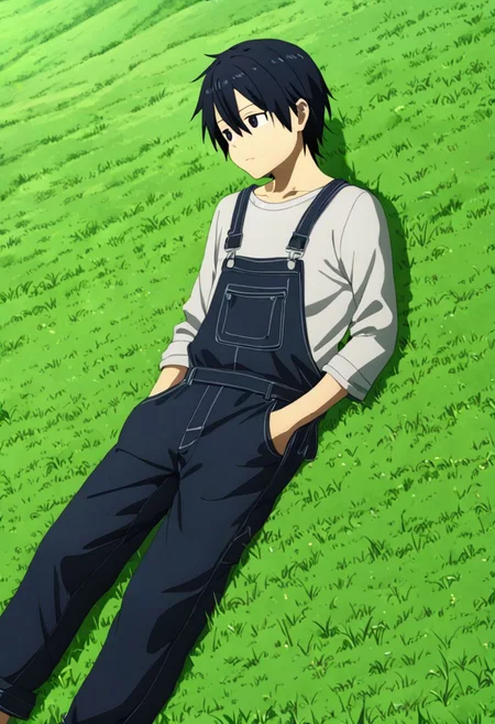 high resolution, professional photography, best quality, 1Boy, Kirigaya Kazuto, Black Hair, Black Eyes, overalldetail, relax, nap, sleepy, meadow, hill, bush, grass, under a shady tree, gentle breeze