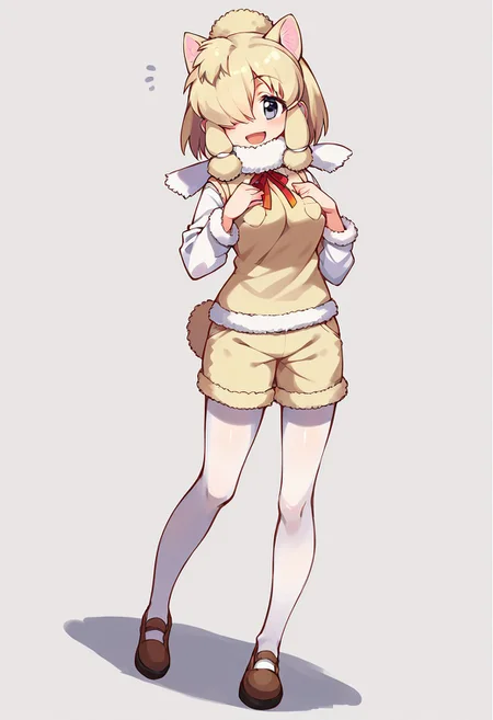1girl, solo, best quality, ultra-detailed, extremely detailed, perfect anatomy, masterpiece, score_9, score_8_up, score_7_up, alpaca suri (kemono friends), alpaca ears, hair over one eye, bangs, blonde hair, grey eyes, sidelocks, hair tubes, hair bun, tail, short hair, horizontal pupils, fur scarf, white pantyhose, long sleeves, fur collar, fur trim, neck ribbon, white shirt, sweater vest, shorts, pantyhose, breast pocket, fur-trimmed sleeves, shoes, simple background, standing, open mouth smile, staring at viewer, cute, full body, dutch angle, posing,