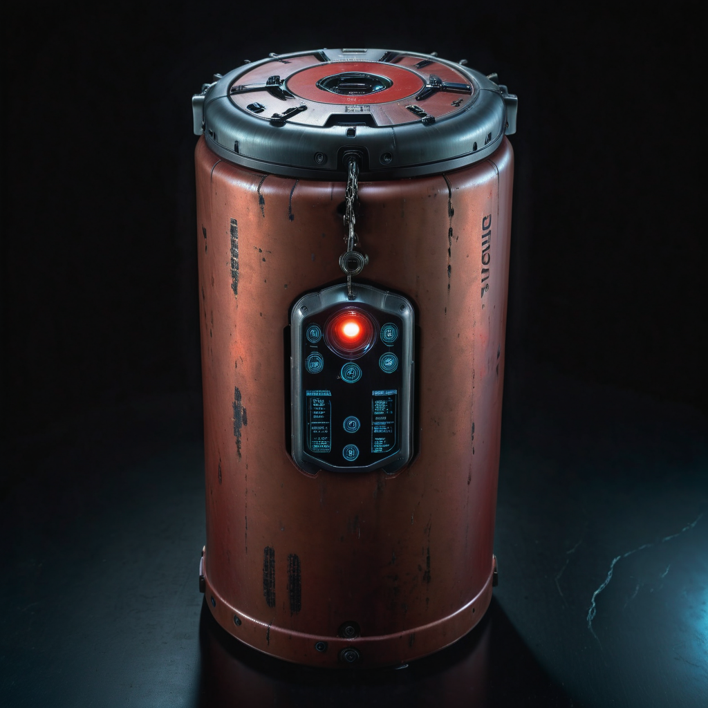 photo focus on military cylindrical  plasma container with hydraulic metal lock, from above, science fiction, glowing cyberpunk, translucent, <lora:IteMaker-v1e3:1>, black background, red theme  , film, professional, 4k, highly detailed, grit, (rust:0.65), cracks, cracked surface, subtle messy, dust, weary, edges rusty dusty, surface scratches, peeled sun bleeched paint, smudges, crumbles, rugged, used