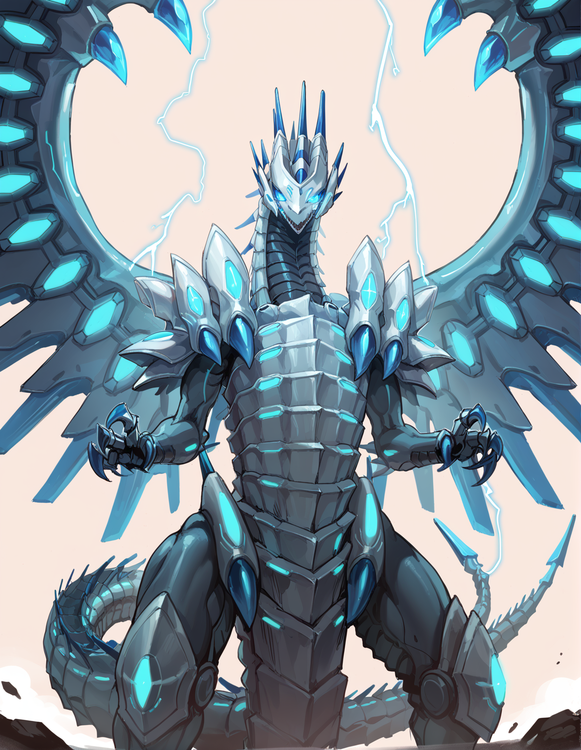 (score_9:0.9),score_8_up,score_7_up,rating_safe,anime style,(zPDXL),(zPDXL3),
<lora:blue eye chaos max dragon ponyXL v1.2:0.76>,mecha dragon,blue eye chaos max dragon, lightning, solo, electricity, looking at viewer, glowing eyes, standing, sketch, front view
