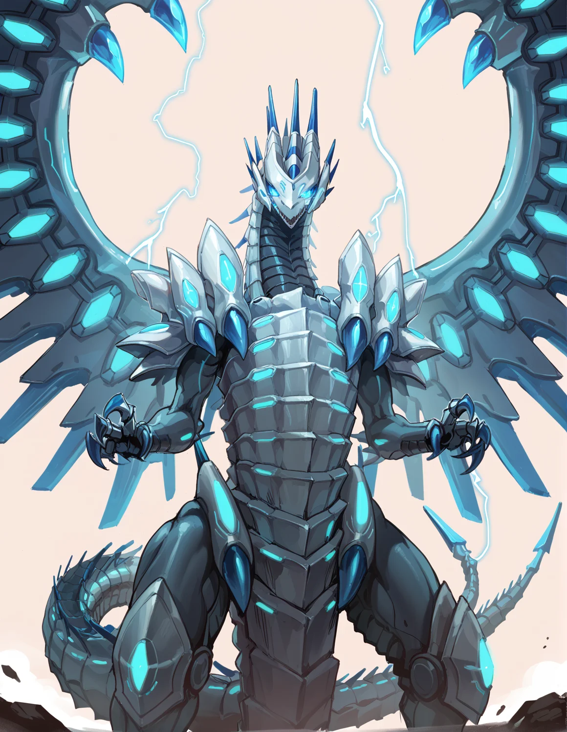 (score_9:0.9),score_8_up,score_7_up,rating_safe,anime style,(zPDXL),(zPDXL3),
<lora:blue eye chaos max dragon ponyXL v1.2:0.76>,mecha dragon,blue eye chaos max dragon, lightning, solo, electricity, looking at viewer, glowing eyes, standing, sketch, front view