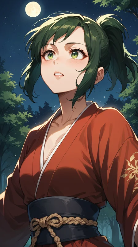score_9,score_8_up,score_7_up,score_6_up, <lora:xl_more_art-full_v1:0.5>, source_anime, woman, dynamic pose, in ecstasy, <lora:Inko Midoriya - Pony-000004:0.8>, green hair, short ponytail, green eyes, red kimono, night sky, darkness, night time, forest, nature, upper body, looking up,