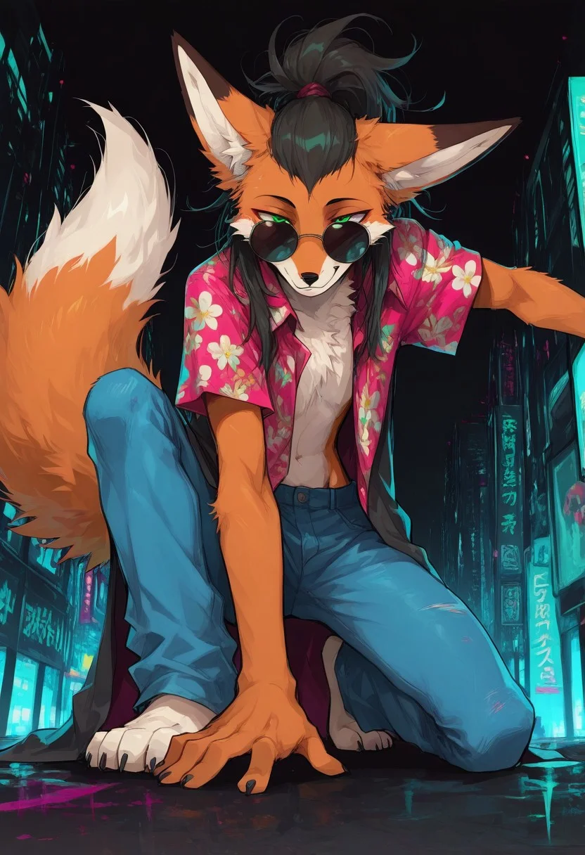 score_9, score_8_up, score_7_up, masterpiece, best quality, high quality, sharp lines, solo, luminescent background, furry, fur, fur covered,
BREAK, anthro, skinny, fox, furry, male, green eyes, orange fur, messy hair, black hair, hair combed back, ponytail, round sunglasses, Hawaiian shirt, longcoat, tight jeans, smug, relaxed, on one knee, hand on knee, dynamic pose, night, urban, cyberpunk, lights, detailed, colorful, black background, pov from below