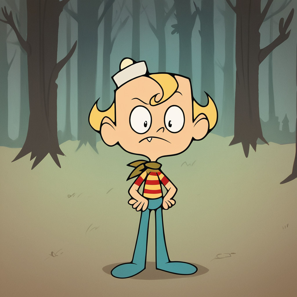 score_9, score_8_up, score_7_up, score_6_up, score_5_up, score_4_up, source_cartoon, toon \(style\),  FLPJCK, full body, (forest:1.3), 1boy, blonde hair, striped shirt, scarf, hat, blue pants, hand on hip, (confused:1.2), scratching head, <lora:flpjckv2-50:1>
