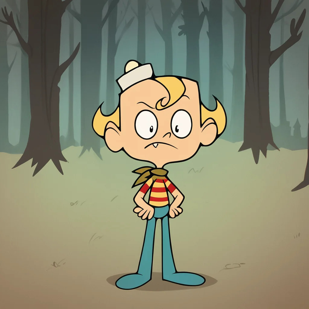 score_9, score_8_up, score_7_up, score_6_up, score_5_up, score_4_up, source_cartoon, toon \(style\), FLPJCK, full body, (forest:1.3), 1boy, blonde hair, striped shirt, scarf, hat, blue pants, hand on hip, (confused:1.2), scratching head, <lora:flpjckv2-50:1>