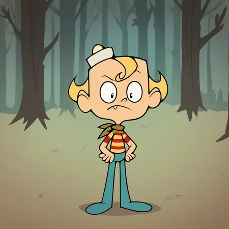 score_9, score_8_up, score_7_up, score_6_up, score_5_up, score_4_up, source_cartoon, toon \(style\), FLPJCK, full body, (forest:1.3), 1boy, blonde hair, striped shirt, scarf, hat, blue pants, hand on hip, (confused:1.2), scratching head, <lora:flpjckv2-50:1>