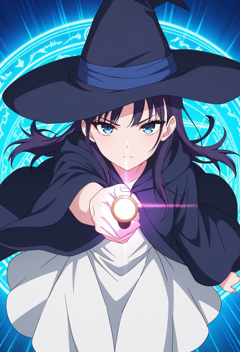 (absurdres, best quality, masterpiece:1.4), amazing quality, highres, newest, detailed, detailed body, detailed face, source anime, anime coloring, beautiful, dynamic background, petite, magic circle, magic spell, unique perspective, 
BREAK
WWNemu, 1girl, solo, serious expression, NemuAniHu, dark purple hair,  blue eyes, witch hat, robe, white inner dress, holding wand, aiming at viewer,