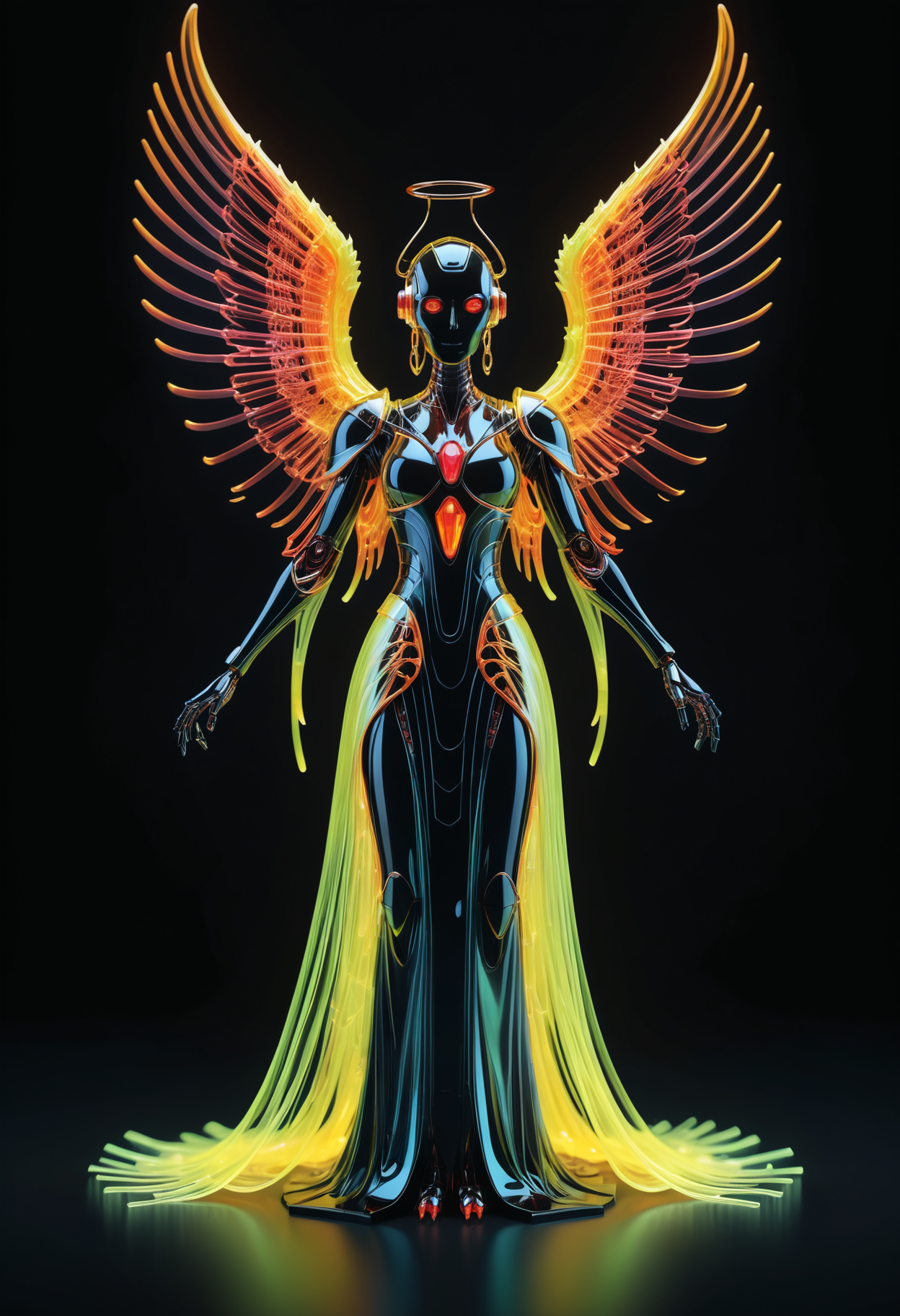 (Ombre color scheme of iridescent ,neon yellow ,neon orange ) made of, tiny neon glass filaments, w0gf1l <lora:World_of_Glass_Filament:0.8> futuristic, Lovecraftian women robot angel, fire wings, floating, white robe, red accents, flames under robe, character design, full body, intricate jewelry, gemstones, ruby, gold, volumetric lighting, cinematic, ornate, intricate detail, ultra-realistic
