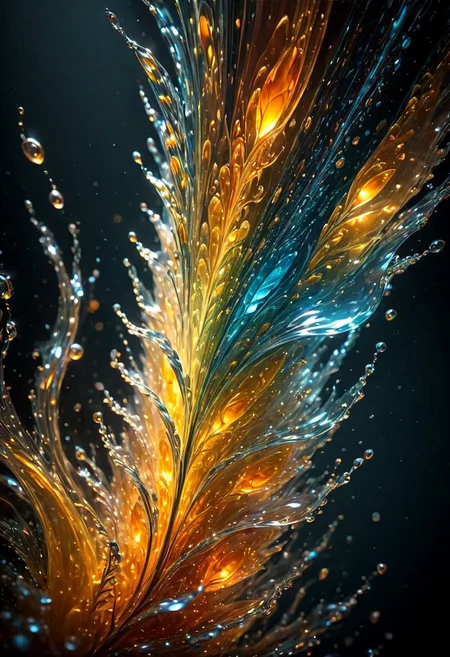 An abstract shape, amazingly fluid, made of glass, detailed, 3d fractals, light particles, water drops, shimmering light, surreal, ink, smooth, shimmering, glow, cinematice contrast, Glow,
16k