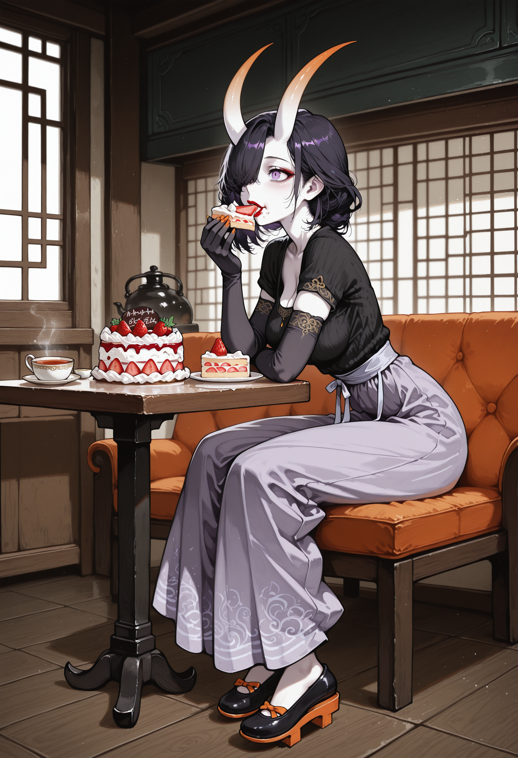 masterpiece, best quality, amazing quality, high res image, very aesthetic, 
absurdres, beautiful, indoors,scenery, elbow length gloves,
cosy black sweater, hanfu, absurdres, geta shoes, solo, orange nails,
1girl, solo, mature female, white thick horns, long horns, 
black hair, pale skin, purple eyes, hair over one eye, medium hair, medium breasts, red lipstick,
Sitting at table, eating a cake, strawberry cake, bite on cake, window behind, kitchen background, cup of tea,
<lora:HanDarkTalesIL-style:1>