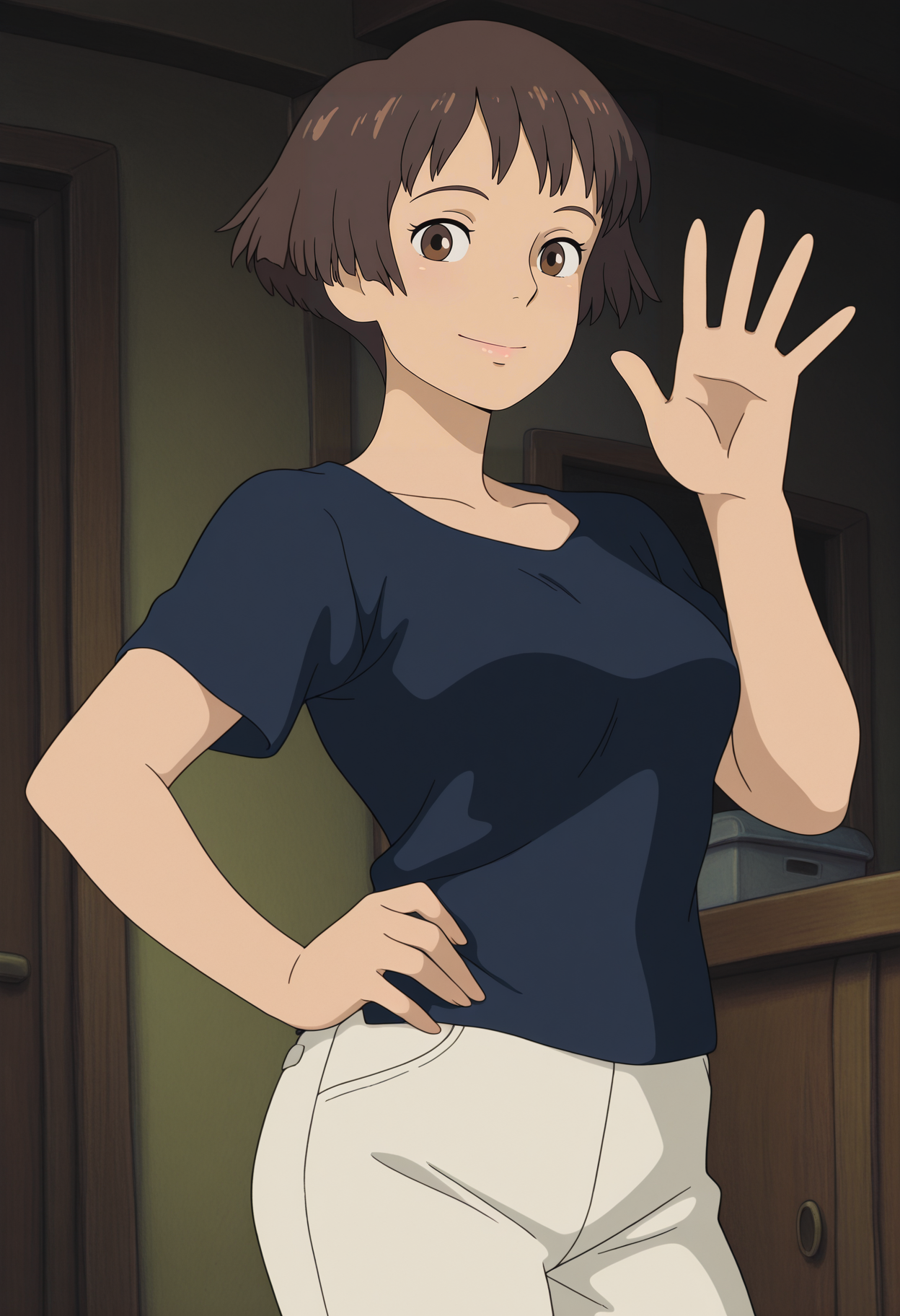 1girl,solo,mm,mature female,brown hair,short hair,brown eyes,anime coloring,
shirt,pants,waving, cowboy shot, indoors,looking at viewer, hand on own hip, 
,masterpiece,best quality,amazing quality,<lora:Lisa-Gake_no_Ue_no_Ponyo:0.8>
