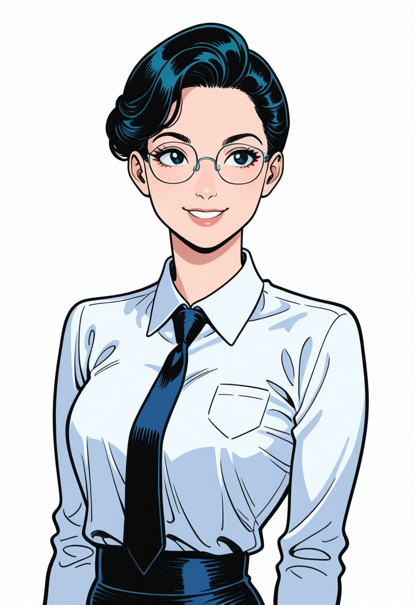 masterpiece, absurdres, 4K, cartoon, perfect face, perfect anatomy, utra hd, wwgoldenage, 1girl, solo, dianaprince, eye glasses, black hair, white shirt, tie, smile. White background, plain.