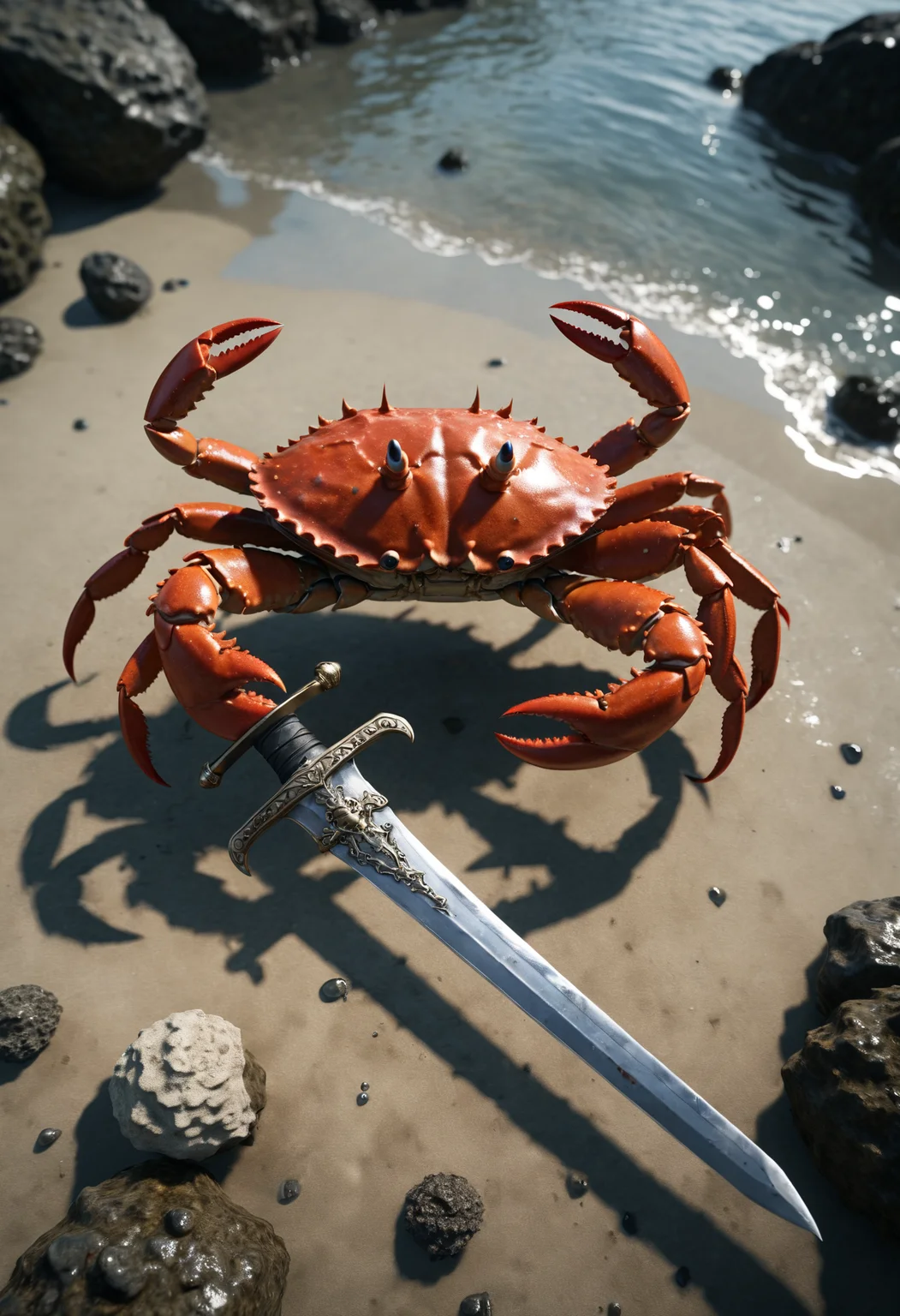 a crab holding a sword, pov, from above, attacking viewer,