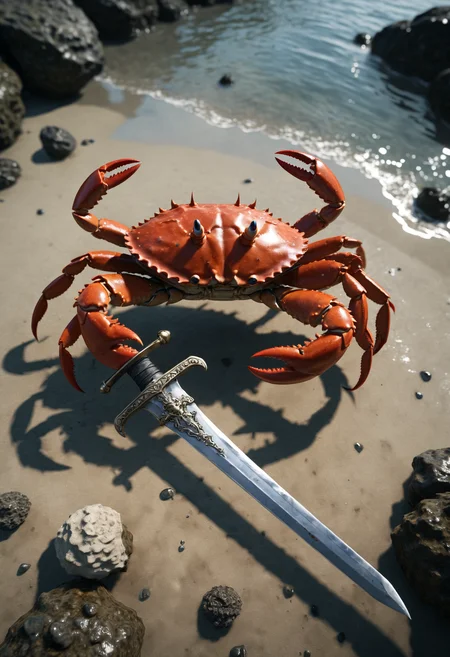 a crab holding a sword, pov, from above, attacking viewer,