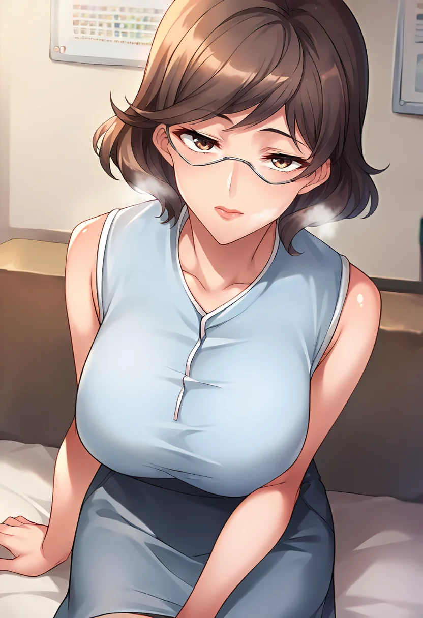 score_9, score_8_up, score_7_up, masterpiece, source_anime, 1girl, solo, ct_4nna, short hair, brown eyes, semi-rimless eyewear, huge breasts, light blue sleeveless shirt, blue pencil skirt, sitting, shiny skin, breath, indoors, looking at viewer, <lora:AnnaOkudera_Pony_ct_ver2:1>
