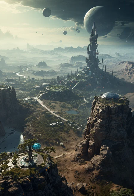scenic view (from up high a tower:1.08) over a futuristic otherworldly outpost, giant peaceful creatures in background, artificial plantations settlement on a high rock plateau, otherworldly planet, planets visible, city on distant planet, lighted places , (high image quality:1.08), (RAW:1.08),subsurface tering (high resolution photograph:1.28),high definition, <lora:sdxl\add-detail-xl.safetensors:0.87:0.10 p13,s9