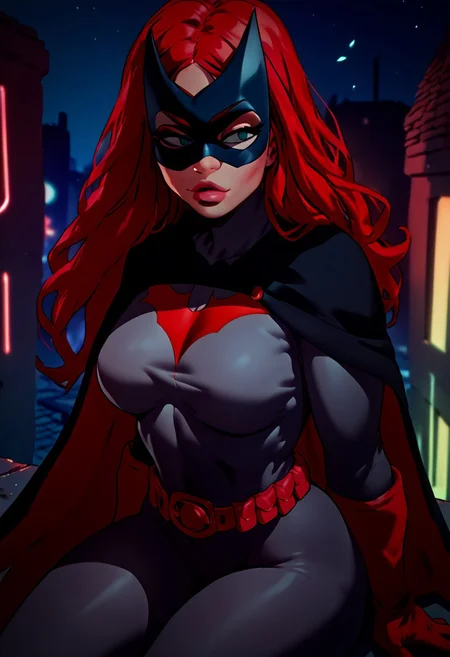 score_9, score_8_up, score_8, on rooftop, highrise, neon , night, b4twoman, 1girl, solo, red hair, gloves, long hair, mask, cape, bodysuit, utility belt, boots, thick eyebrows,expressive, pouty lips, classy, elegant,desiring, cute,