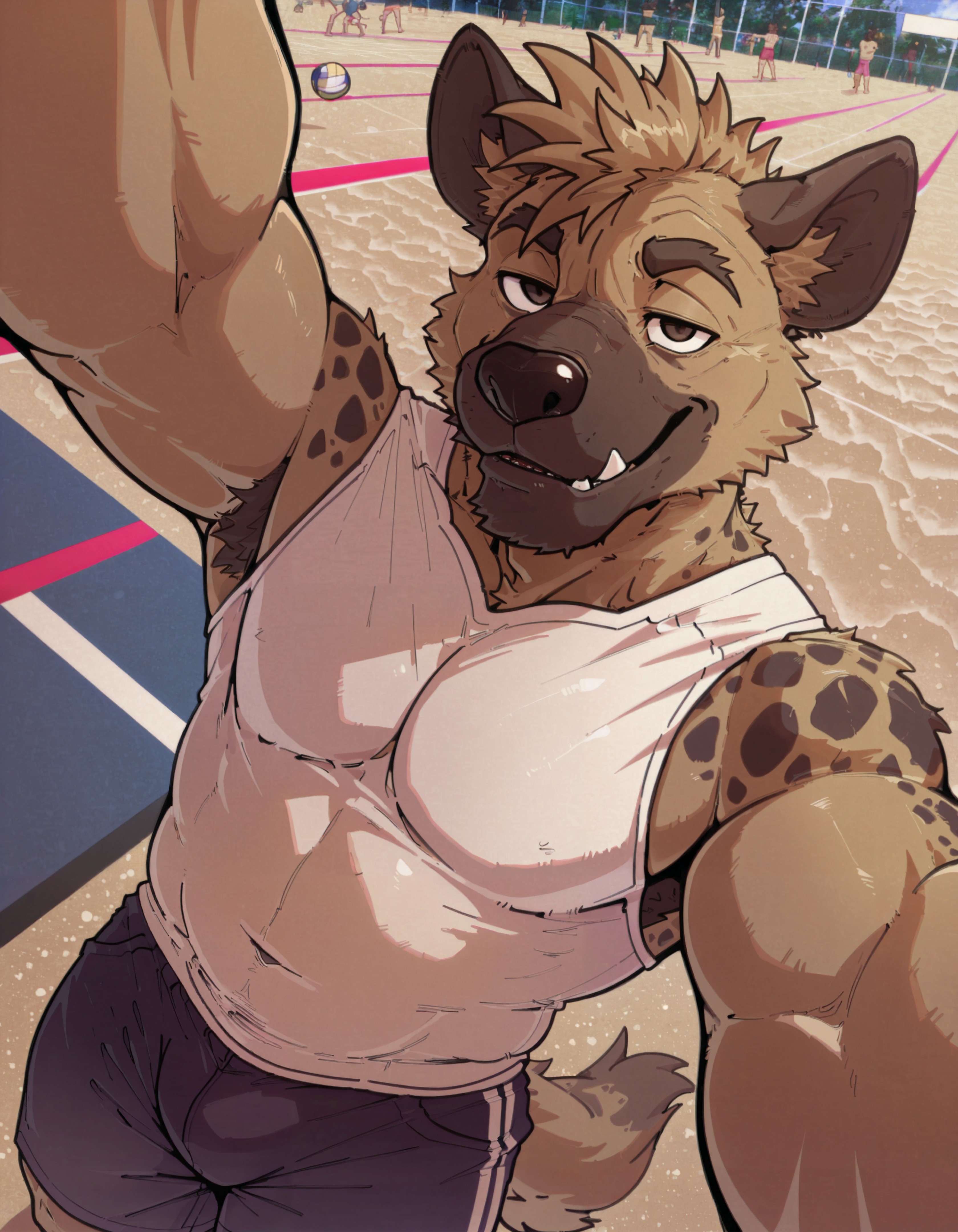 masterpiece,best quality,amazing quality, , masculine, (male:1.5), (solo:1.5), anthro, hyena, selfie, Athletic, clothes, flirtatious, dutch angle, beach volleyball court, embedding:zPDXL3,