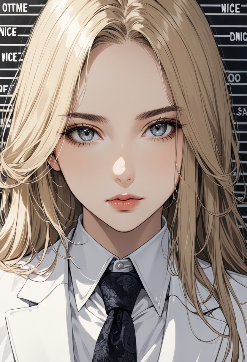 closed mouth, blond hair , long hair, grey eyes, disheveled hair, graceful face, big breasts, constricted waist, nice body, lips, sexy mouth, adult, beautiful white skin,
cinematic, (masterpiece), (best quality), (ultra-detailed), very aesthetic, illustration, perfect composition, intricate details, absurdres, detailed face, closed mouth
perfect, intricate details, absurdres, detailed face, nameplate inscription , holding sign, letterboxed, (looking at viewer), mugshot, english text, shiny skin, shiny,shiny face, extremely detailed , detailed background, looking down, office suit, white suit, closed mouth, beautiful detailed eyes ,extreme details eyes