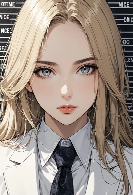 closed mouth, blond hair , long hair, grey eyes, disheveled hair, graceful face, big breasts, constricted waist, nice body, lips, sexy mouth, adult, beautiful white skin,
cinematic, (masterpiece), (best quality), (ultra-detailed), very aesthetic, illustration, perfect composition, intricate details, absurdres, detailed face, closed mouth
perfect, intricate details, absurdres, detailed face, nameplate inscription , holding sign, letterboxed, (looking at viewer), mugshot, english text, shiny skin, shiny,shiny face, extremely detailed , detailed background, looking down, office suit, white suit, closed mouth, beautiful detailed eyes ,extreme details eyes