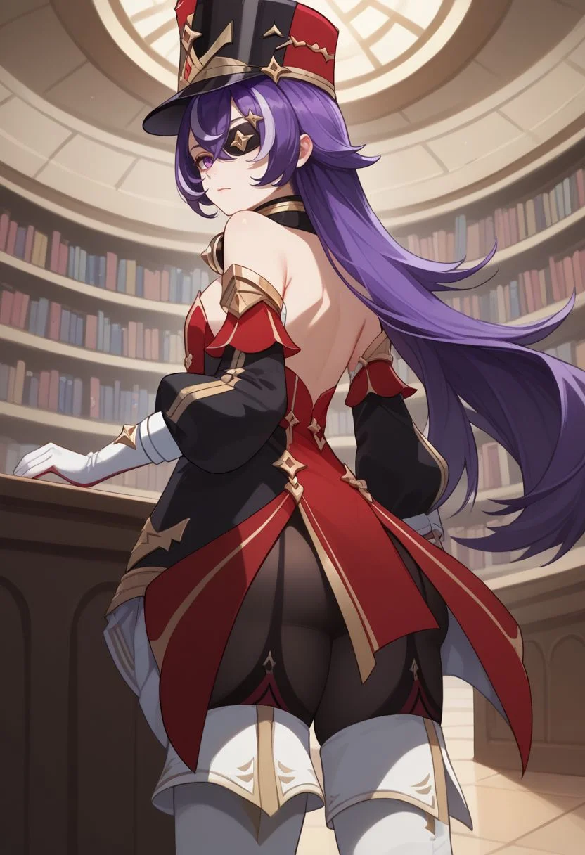 score_9, score_8_up, score_7_up, source_anime, 1girl, chevydef, purple eyes, purple hair, streaked hair, long hair, pointy hair, hair between eyes, eyepatch, mole under mouth, earmuffs, shako cap, gold trim, black necktie, red dress, strapless dress, puffy detached sleeves, bare shoulders, black headwear, detached collar, white gloves, black pantyhose, white footwear, thigh boots, standing, expressionless, looking at viewer, indoors, library, cowboy shot, from behind, looking back, <lora:Chevreuse_v1-000010:1>