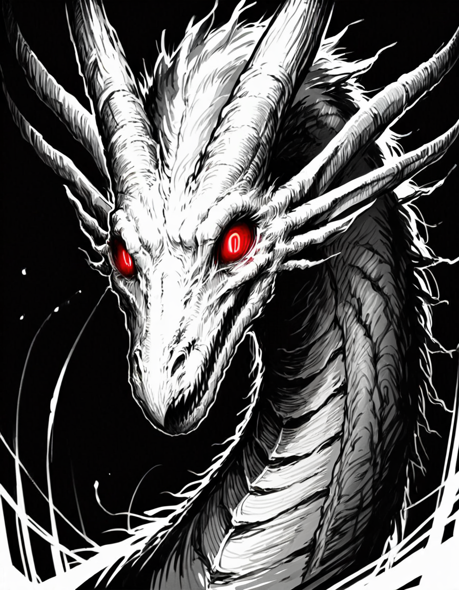 score_9, score_8_up, score_7_up,  <lora:Messy Sketch Style:1>, monochrome, dragon, black background, portrait, horns, long neck, red eyes, glowing eyes, horror, creepy,