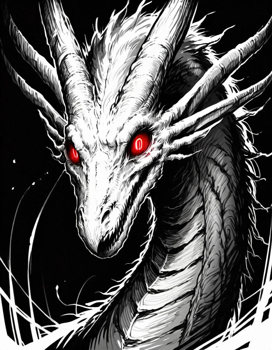 score_9, score_8_up, score_7_up,  <lora:Messy Sketch Style:1>, monochrome, dragon, black background, portrait, horns, long neck, red eyes, glowing eyes, horror, creepy,
