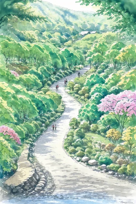 (illustration:1.1),(best quality),(masterpiece:1.1), (colorful:0.9),(panorama shot:1.4),(ink splashing),(color splashing), house,no humans,(flowers,woods),outdoors,rocks, city,road,cherry blossoms, cityscape,