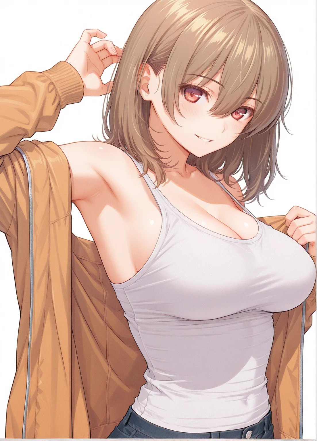 ultra-detailed,detailed face, score_9, score_8_up, score_7_up, source_anime,(extremely detailed CG), (best quality),
brown hair,red eyes, 1girl, solo, looking at viewer, hair between eyes, parted lips, bangs, white background, simple background, medium hair, nagi,tank top,large breasts, slender waist ,cleavage,armpit,smile,open clothes, jacket,
<lora:nagi:0.9>