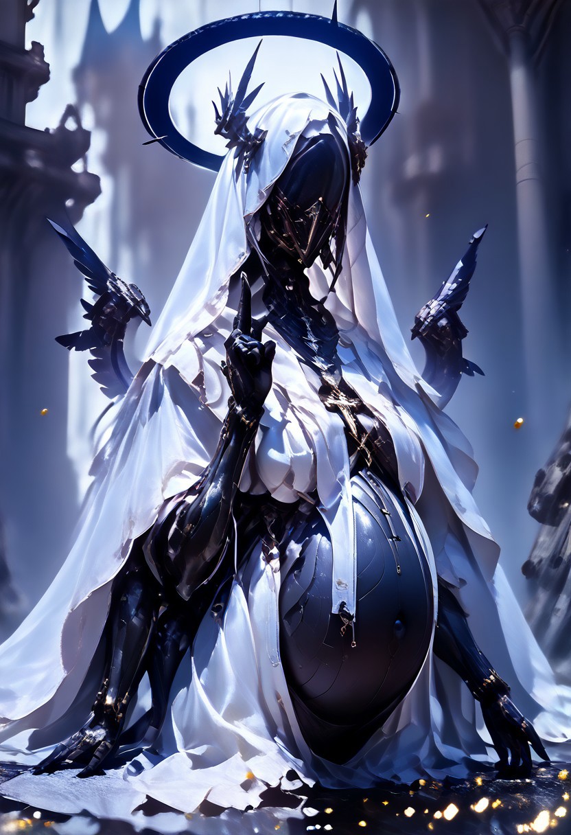 ((Realistic)), (score_9, score_8_up),((Pregnant)), score_7_up, ((wing)), 1girl, jewelry, hood, necklace, armor, mask, halo, helmet, cross, (crown), veil, cloak, spikes, robe, covered face, al13ng0d, solo, veil, black skin, hood up, (((huge breast, saggy breast))), ((mcnm)), (blurry background), dark, CINE, (embers:1.4),
,
Break
((4arms, 4arm, navel)), hand gesture, depth of field, hand gesture, dark and moody lighting, ruins, cathedral, feathered wings, wading, floating, angel wings, white wings, 
 <lora:unholy-000009:0.75>   <lora:CINE-000008:0.5>  <lora:add-detail-xl:-1> <lora:EnvyBetterHiresFixXL01:0:hr=1>