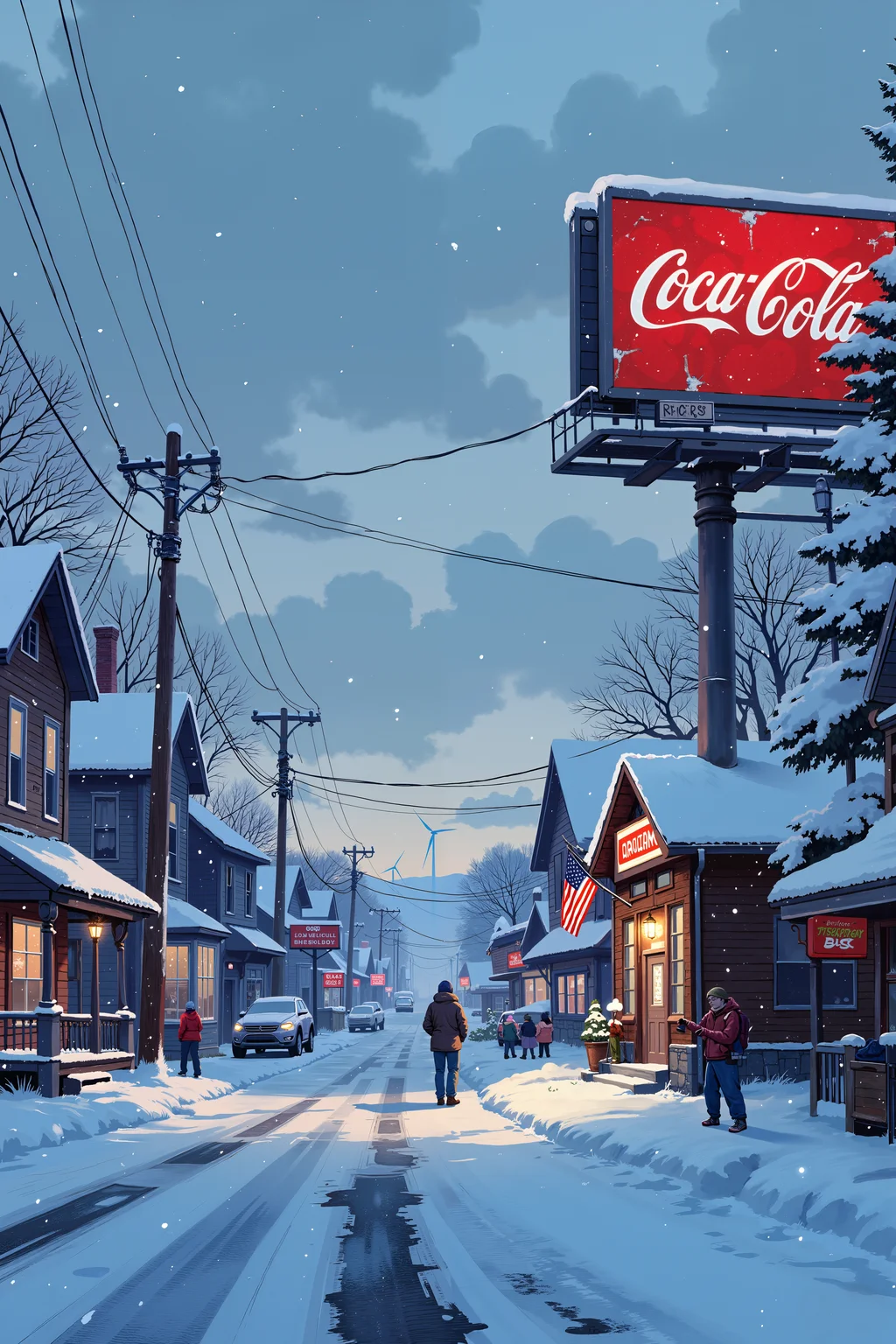 a snowy, small-town street scene at dusk. The sky is overcast with a bluish tint, suggesting a cold, winter evening. Snow covers the ground, rooftops, and trees, creating a serene, almost monochromatic winter landscape. On the right side of the image, a Coca-Cola billboard prominently displays an advertisement, partially obscured by snow. Below it, a small, snow-dusted building with a sign reading "RP's" appears to be a convenience store or gas station. A car is parked in front of it, with snow accumulating on its roof and hood.To the left, there are two-story houses with snow-covered roofs and driveways. One house has an American flag hanging on its porch. A few people, bundled up in winter clothing such as jackets and hats, are walking down the street, their breath visible in the cold air. The street is lined with parked cars, also covered in snow, and a few utility poles and wires stretch across the scene. In the background, wind turbines dot the horizon, indicating a rural area with renewable energy sources. The overall atmosphere is tranquil yet slightly desolate, capturing the quiet beauty of a snow-covered town. , detailed background Fantastic lighting. Detailed shadows.intricate details, vivid colors, hyper-detailed, ultra-sharp, , <lora:XRSTYLE_FLUX:0.5><lora:RetroAnimeFluxV1:0.4><lora:MoriiMee_Gothic_Niji_Style_FLUX:0.3>