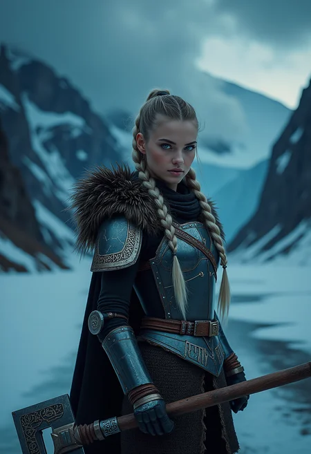 A captivating image emerges, focusing on a vikingpunk warrior-princess with her presence commanding attention in the icy wasteland. Her futuristic viking armor based on traditional viking armor, a seamless fusion of technology and her athletic form, slim-athletic form highlights her strength and agility. The warrior's twin braids with shaved sides, frames her determined expression, while her piercing eyes bore into the viewer. Ancient runes are etched into her battleaxe and armor, crackling with mystical glowing energy. The frozen landscape, a testament to her people's resilience, stretches into the distance, where dark, ominous clouds partially veil the rugged mountainous pass, filling the air with crispness and the promise of lightning. This artwork, with its Nordic and Viking-inspired elements, captures the essence of a powerful futuristic figure, seamlessly blending ancient traditions with futuristic innovations. Beauty, chiaroscuro, play of shadow and light, realistic,   <lora:flux_trainer/fluxPunk_v1.safetensors:1.0>,