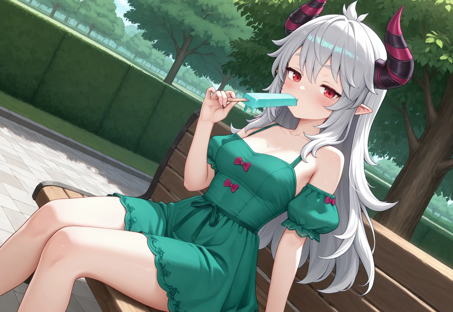 highres, best quality, masterpiece, outdoor, sitting, nech, park, ((bare neck)),
1girl, KRGremory, horns, pointy ears, red eyes, grey hair, long hair, puffy short sleeves, green short dress, masterpiece, best quality, amazing quality, very aesthetic, absurdres, newest, dynamic angle, looking at viewer, blush, eating ice cream