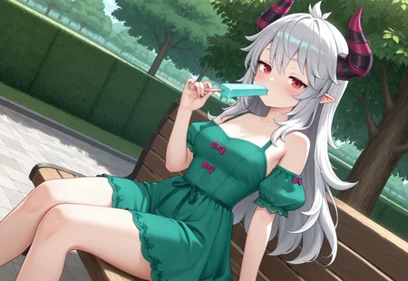 highres, best quality, masterpiece, outdoor, sitting, nech, park, ((bare neck)),
1girl, KRGremory, horns, pointy ears, red eyes, grey hair, long hair, puffy short sleeves, green short dress, masterpiece, best quality, amazing quality, very aesthetic, absurdres, newest, dynamic angle, looking at viewer, blush, eating ice cream