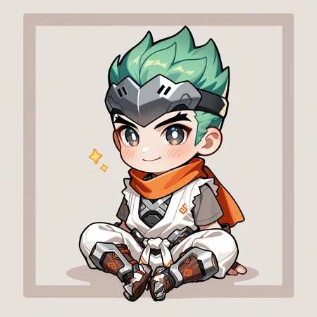 masterpiece, best quality, newest, absurdres, highres, very awa, 1boy, male focus, genji, blush, border, chibi, clawed boots, closed mouth, forehead protector, full body, grey shirt, headband, looking at viewer, open mouth, orange scarf, simple background, sitting, smile, solo, waist sash, white background, white pants, white pupils, white uwagi