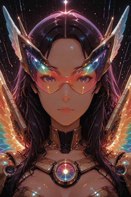 focused subject, close up, stylized, in gold and neon shades, wabi sabi, 1girl, rainbow angel wings, looking at viewer, dynamic angle, from below, from side, relaxing <lora:TrendCraft_The_Peoples_Style_Detailer-v1.0A-3_13_2025-illustrious:1.2>
