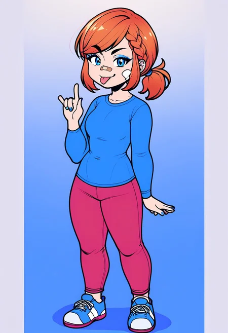 score_9, score_8_up, colored pencil, sketch, Break
1girl, solo, blue eyes, pants, tongue out, tongue, blue footwear, chibi, shirt, red pants, full body, blue shirt, pink hair, standing, bandaid, hand up, ponytail, simple background, blue background, short ponytail, shadow, looking at viewer, bandaid on face, braid, short hair, white background, long sleeves, orange hair, smile, gradient background, :p, swept bangs, closed mouth, shoes, bandages, bandage on face
heavy lines:4, line art:2, flat colors:2