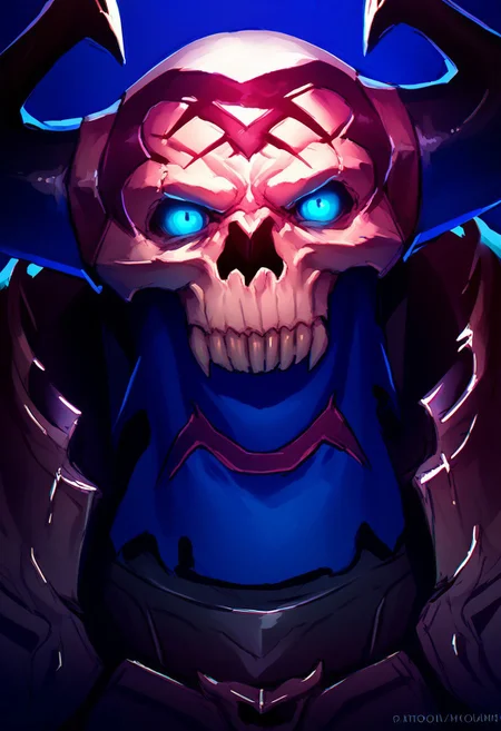 score_9, score_8_up, score_7_up, solo, portrait, 1boy, king_h@ss@n, demon, skull head, horns, black skin, glow blue eyes, armor, muscular,