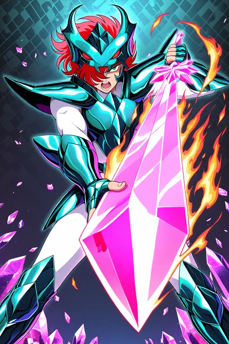masterpiece,best quality,amazing quality, SSALBE, 1boy, male focus, wavy hair, short hair, pink-red hair, hair over one eye, green eyes, megrez forehead protector (red eyes), megrez armor, teal pauldrons, teal breastplate, belt buckle, white bodysuit, teal fingerless gauntlets, teal greaves, solo, holding, pink crystal sword, one-handed sword, incoming attack, looking at viewer, open mouth, teeth, fire sword, flaming sword, fire, simple background, zig zag background