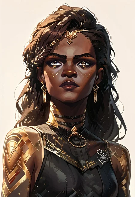 score_9, score_8_up, score_8_up, solo focus, solo, female focus, ArcaneEyesV1, brown hair, dark hair
BREAK 1girl, Mel_Medarda3OutfitsV1, dark skin, dredlocks, very dark skin, earrings, long hair, jewelry, tattoo, MelS1_hair, MelS1_gold_tattoo, MelS1_outfit,